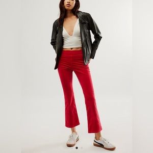 Free People “In My Feelings” Velvet Crop Slim Flare Pants -Red Racer Sz MED